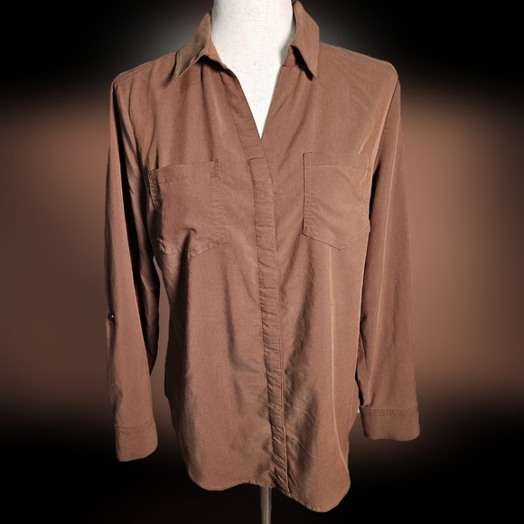Chicos Brown Modal Button Up Blouse Top with Breast Pockets Silky Feel Size 0 M - Picture 1 of 13